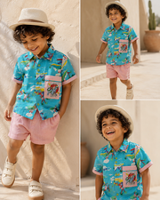 Dino Patch Cotton Linen Shirt & Muslin Shorts Set